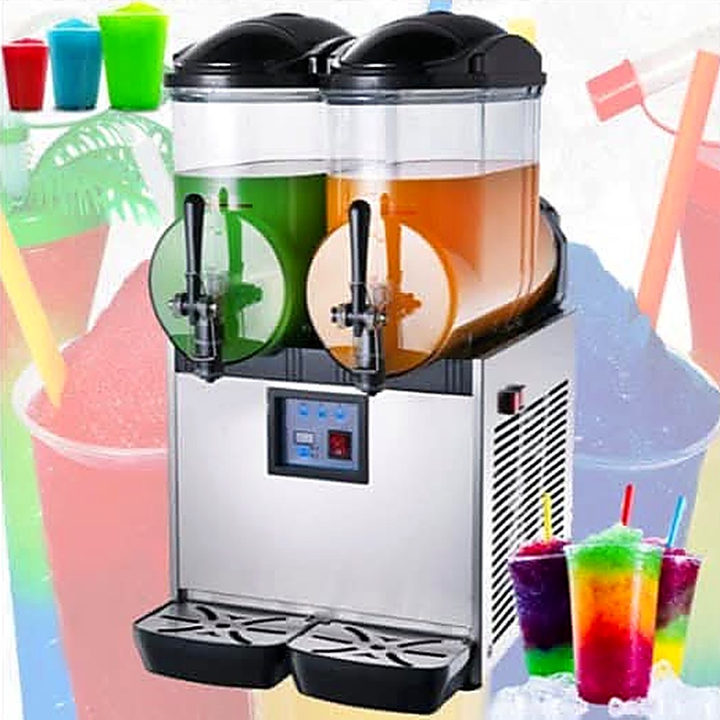 Twin-bowl slush machine dispensing green and orange slush